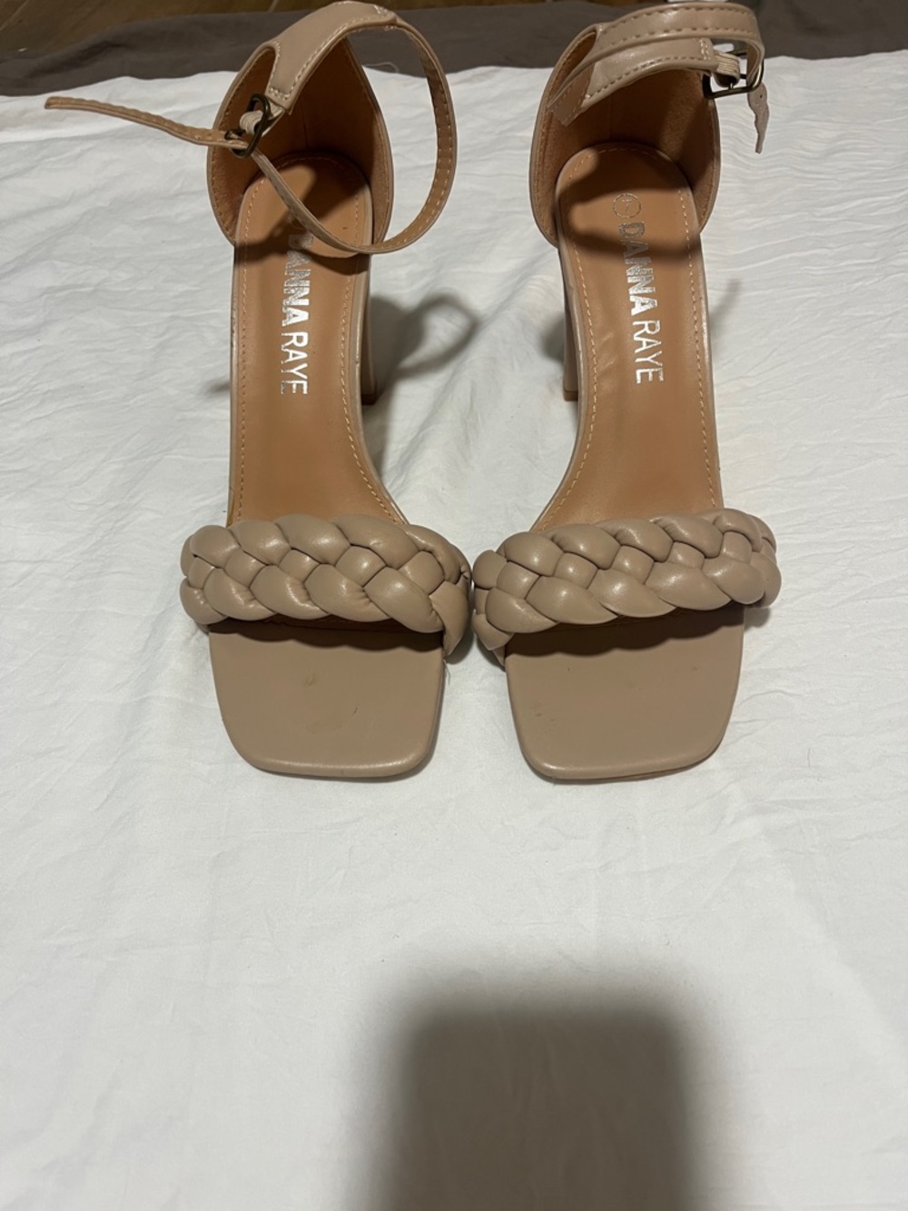 Braided Strap Ankle-Heel Sandals in Nude